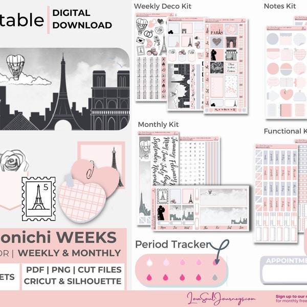 Autocollants de kit de planificateur de semaines Hobonichi | 12 Feuilles | L'amour à Paris | Verticale | Conçu pour s'adapter au kit d'autocollants imprimables mensuels et hebdomadaires, D-HW-002