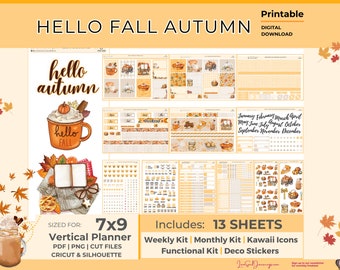 Hello Fall Autumn Planner Kit Stickers | 13 Sheets | Vertical | Fits Erin Condren Monthly and Weekly Planner Printable Sticker Kit, VL-005