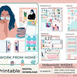 May include: Printable digital planner stickers for the Hobonichi Weeks planner. The stickers are in a pink and blue color scheme and feature illustrations of people working from home, cacti, coffee cups, and other office supplies. The text "Work From Home" is featured on the stickers. The stickers are sized for weekly and monthly spreads.