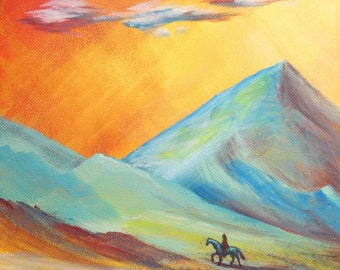 Original Acrylic Landscape Painting: Lone Horse Rider, Western Art (8x8)
