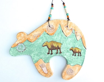 Zuni Style Clay Bear Wall Hanging: Southwest Petroglyph Art