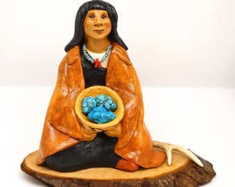 Hopi Woman Clay Sculpture: Native American Art with Turquoise & Antler