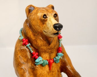 Handmade Clay Grizzly Bear Sculpture: Native American Pottery Bowl Decor