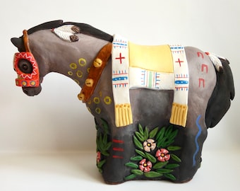 Native American Pony Ornament: Hand-Painted Clay Sculpture