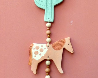 Clay Horse and Cactus Wall Hanging: Southwestern Boho Decor