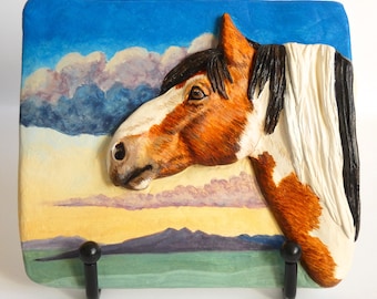 Hand-Painted Clay Bas Relief Sculpture: Wild Mustang, American West