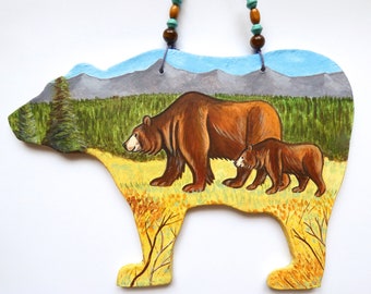 Grizzly Bear & Cub Wall Hanging: Grand Teton Painted Clay Ornament