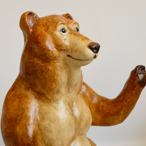 Waving Grizzly Bear Clay Sculpture: Yellowstone Lodge Decor