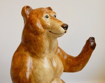 Waving Grizzly Bear Clay Sculpture: Yellowstone Lodge Decor