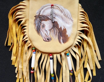 Hand Painted Deerskin Leather Pouch: Native American Style Horse Medicine Bag