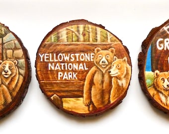 Grizzly Bear Wood Slice Ornaments: National Park Art, Set of 3