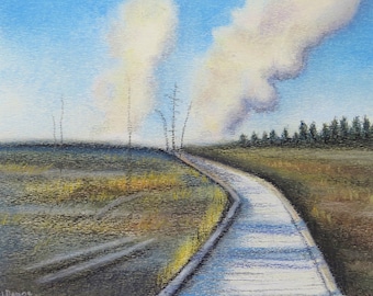 Yellowstone Geysers Pastel Painting: Framed Wyoming Landscape Art