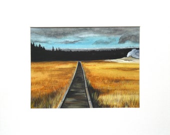 Yellowstone National Park Painting: Old Faithful Geyser Basin Watercolor & Acrylic