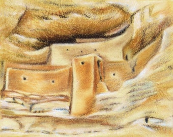 Montezuma Castle Pastel Painting: Native American Cliff Dwelling Art on Leather