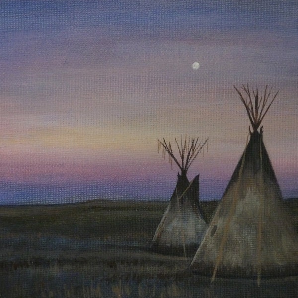 Native American Indian Teepee tipi wigwam moon sunset dusk serene spiritual big sky western wild west Original art painting dark wood frame