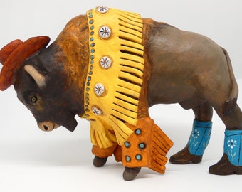 Reserved. Boot scootin’ buffalo sculpture. Bison statue wearing cowboy hat, boots, cuff, fancy western wear, humorous ornament, Wild West