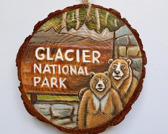Hand-Painted Grizzly Bear Ornament: Glacier National Park Wood Slice