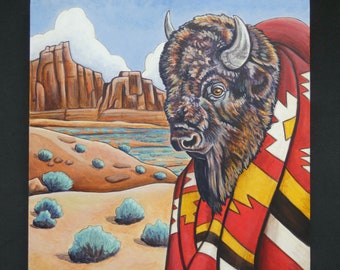 Buffalo robe original painting. Bison portrait, Navajo blanket, Native American inspired, Yellowstone, western art, contemporary art