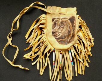 Hand Painted Grizzly Bear Deerskin Medicine Pouch: Fringed Native American Style