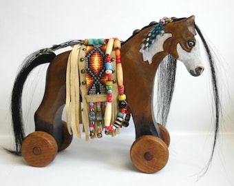 Wooden horse pull along toy sculpture. Paint pony, western, Native American Plains Indian inspired, primitive folk art, American country