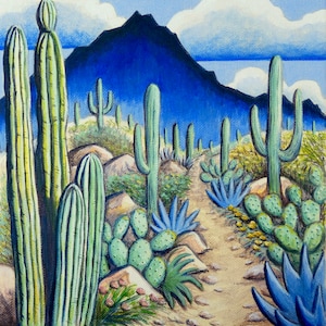 Arizona Desert Giclee Print: Cactus, Agave, Spring Blooms