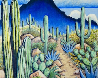 Arizona Desert Giclee Print: Cactus, Agave, Spring Blooms