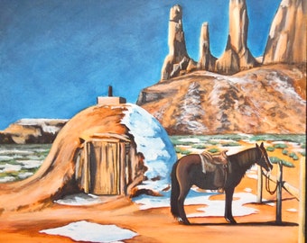 Navajo hogan giclee print. Monument Valley Arizona, desert landscape, southwestern spirit, road trip, Utah, American west art, western horse