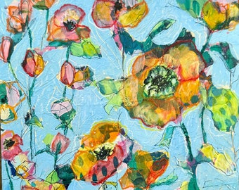 Promise of Poppies // 8x10, Abstract, Bright, Pink, Green, Red, Colorful, Original Painting, Original Art