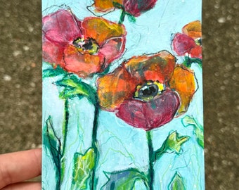 Friendly Poppies // 4x6, Purple, Pink, Orange, Flowers, Blooms, Blossoms, Floral, Original Painting, Original Art