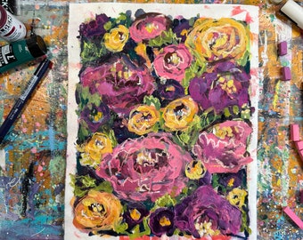 Day 27 Abundant // February Flowers 2024, Vibrant, Flowers, Pink, Purple, Lush, Original Painting, Original Art, Free Shipping