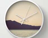 Wall Clock, Lake Tahoe, 10 inch Clock, Lake Sunset, California Decor, Round Clock, White, Natural, Black Clock