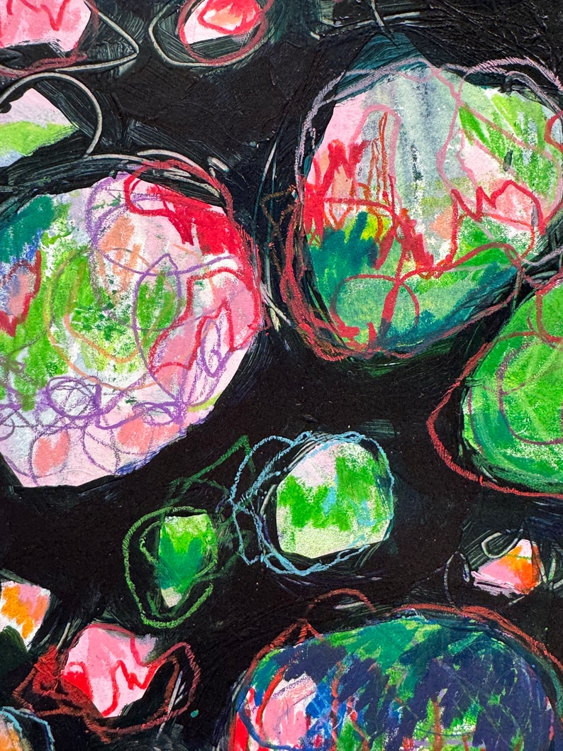 Pebble Garden // Abstract, Bright, Pink, Green, Red, Colorful, Original Painting, Original Art image 1