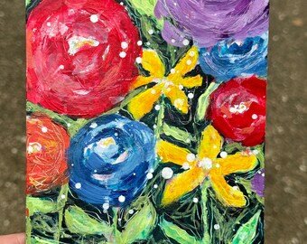 Primary Blooms // 5x7, Purple, Red, Blue, Orange, Flowers, Rainbow, Blossoms, Floral, Original Painting, Original Art