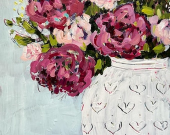 Day 13 Hearts // 8x10, February Flowers 2024, Pink, Bouquet, Vase, Floral, Original Painting, Original Art
