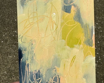 In the Clouds // 4x6, Abstract, Minimalist, Understated, Soft Blues, Greens, Yellow, Original Painting, Original Art