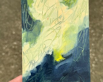 Sky to Sea // 4x6, Abstract, Minimalist, Understated, Soft Blues, Greens, Yellow, Original Painting, Original Art