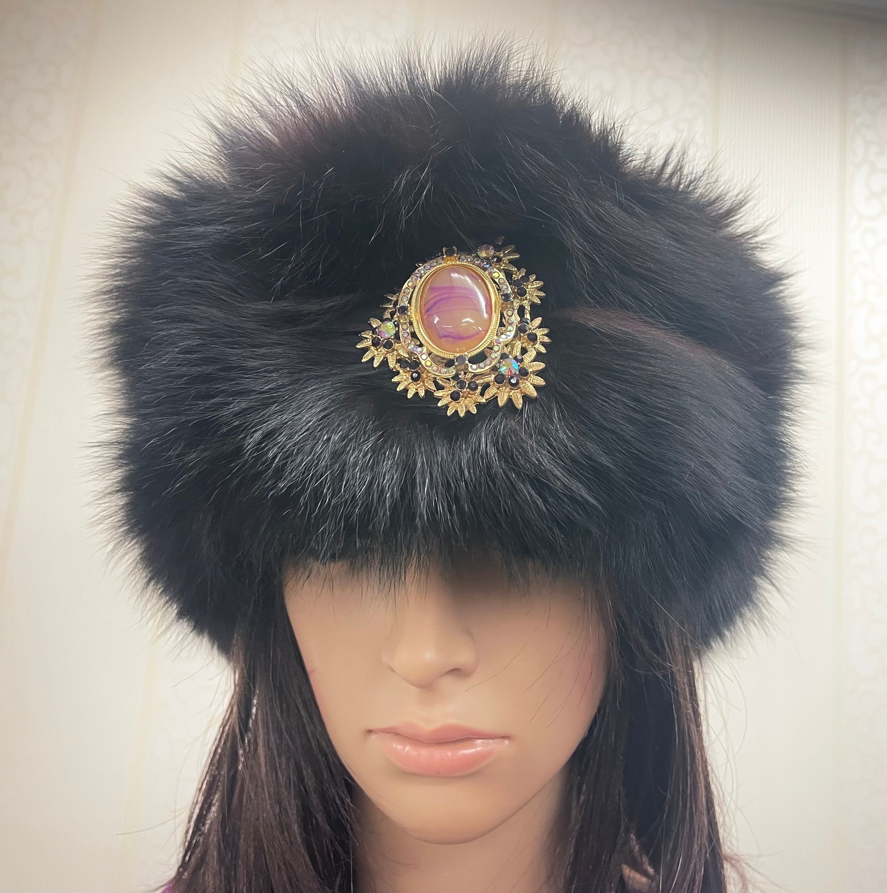 Black Leather Hat with Fur Trim Sz S Ladies Sheepskin & Leather Russian Miliatry Hat in Black  main image 3