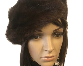 Genuine Brown Beige Mink Fur Hat Beret 10’’