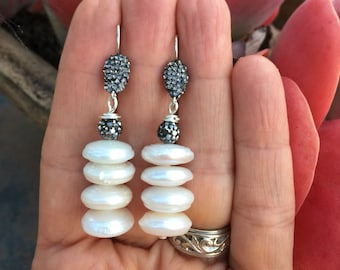 White Coin Freshwater Pearl Crystal Silver Earrings, Pearl Dangle Earrings, Wedding Pearl Earrings, Bridal Pearl Earrings, Pearl Statement