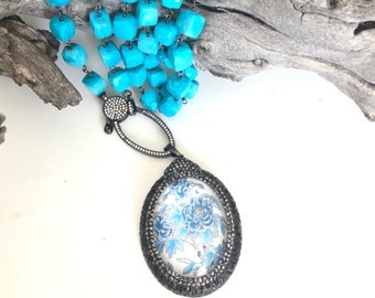 Long Turquoise Pave Cz Pendant Necklace, Blue Turquoise Necklace, Natural Gemstone Necklace, Rustic Turquoise Necklace, Blue Layer Necklace