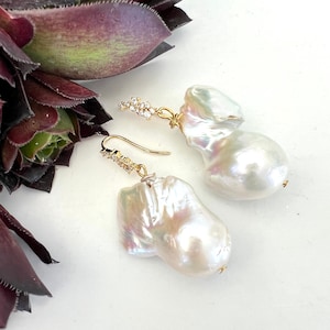 White Rare Baroque Pearl Gold Pave Earrings, Free Form Pearl Earrings, Natural Pearl Earrings, Wedding Pearl Earrings, Designer Statement