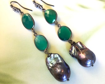 Peacock Baroque Pearl Green Onyx Long Earrings, Kasumi Pearl Earrings, Pearl Gemstone Earrings, Metallic Pearl Earrings, Pearl Earring  Gift