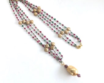 Natural Ruby Emerald Gold Baroque Pearl Pendant Necklace, Multicolor Layered Necklace, Gemstone Layer Necklace, Kasumi Pearl Necklace, Gift