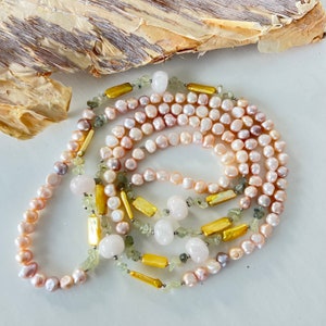 SALE! Blush w Gold Freshwater Pearl Multicolor Quartz Necklace, Long Pearl Necklace, Pearl Gemstone Necklace,  Colorful Statement Necklace