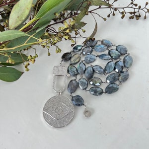 Labradorite Blue Flash Evil Eye Pave Necklace, Labradorite Charm Necklace, Natural Gemstone Necklace, Labradorite Statement, Designer Gift