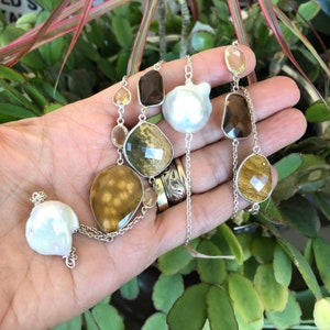 Multicolor Gemstone Baroque Pearl Necklace, Sterling Silver Link Chain ...