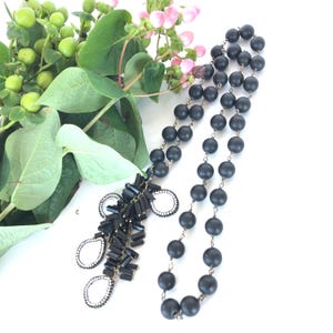 Natural Onyx Freshwater Pearl Tassel Pave Necklace, Long Onyx Pearl Necklace, Beaded Gemstone Necklace, Pearl Statement, Gemstone Designer