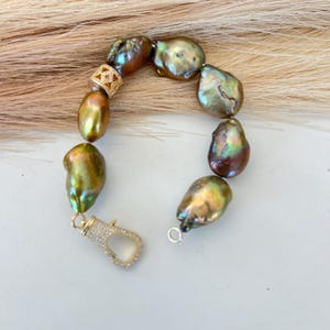 Metallic Green Baroque Pearl Gold Pave Clasp Bracelet, Rare Pearl Bracelet, Pearl Kasumi Bracelet, Pearl Statement Bracelet, Designer Gift