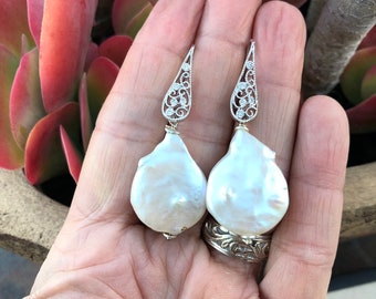 White Freshwater Pearl Silver Filigree Cz Earrings, Natural Pearl Earrings, Wedding Pearl Earrings, Pearl Statement Earrings, Her Pearl Gift