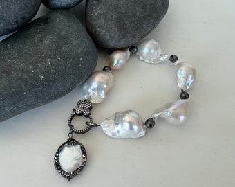 White Baroque Pearl Hematite Gemstone Pave Bracelet, Natural Pearl Gemstone Bracelet, Pearl Statement Bracelet, Pearl Charm Bracelet, Gift